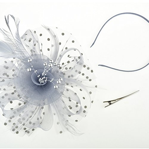 Image of DRESHOW Fascinators Hat Flower Mesh Ribbons Feathers on a Headband and a Clip Tea Party Headwear for Girls and Women