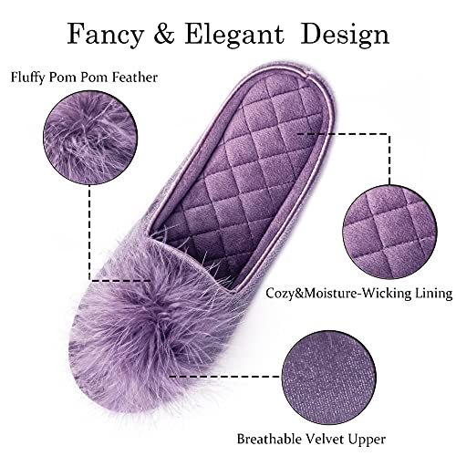 Gritheim Women's Fuzzy Pom Pom Feather Velvet House Slippers Sexy Cozy Bedroom Slippers For Ladies Non-Slip Sole Indoor Outdoor 7-8 Purple #TOP2