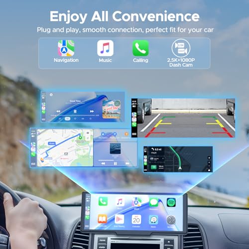 Image of Topexplore 9.26'' Carplay Screen with 2.5K Dash Cam and 1080P Backup Camera | Portable Wireless Car Play Android Auto, Upgrade Navigation, Mirror Link, Voice Control, Hands-Free for iOS 11+ Android 11+
