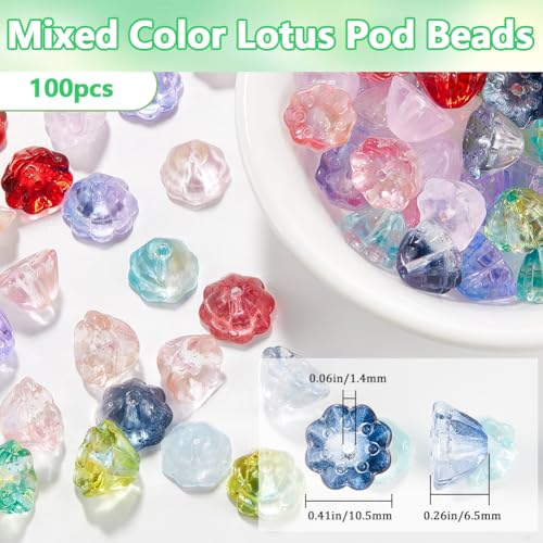 SOFPLATE 1 Box 100Pcs Glass Flower Bead Lotus Pod Beads Bulk Colorful Transparent Lotus Flower Shape Crystal Loose Bead End Caps for jewellery Making Beads Supplies DIY Bracelet Necklace Earrings Craf - Image 2