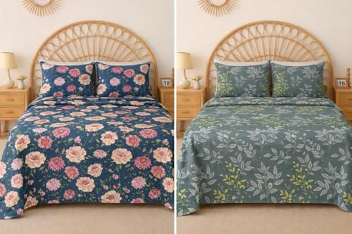 Image of HOMEKART 2 Bedsheet Combo Set with 4 Pillow Covers - Premium Cotton Glace Cotton Printed Double Bedsheets, 2 Elegant Colors, Soft Breathable Luxury Bedding Set - Midnight Bloom Blue