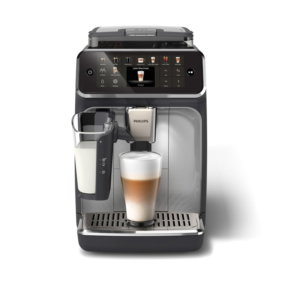5500 Series Fully Automatic Espresso Machine – 20 Hot & Iced Coffees, Quick-to-Clean LatteGo Milk System, 40% quieter with SilentBrew, Less waiting with QuickStart, Black, Silver (EP5546/70)
