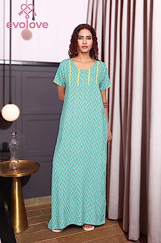 Image of Evolove Women's Cotton Long Maxi Night Gown Nighty Dress with Pocket & Stylish Button, Super Soft Comfortable (LNG-Button)