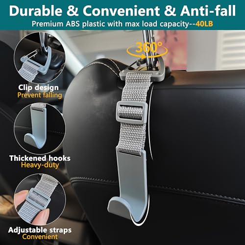Image of Amooca 4 Pack Anti-drop Headrest Hooks Adjustable Car Seat Organizer | Universal Fit with Clip, Hanger for Backpack Umbrella Water Bottle Coat Purses Handbags Groceries, 40lb Heavy Duty, Gray