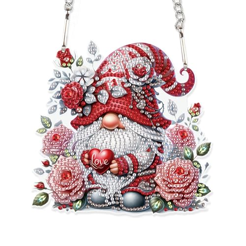 Image of Rose Gnome Diamond Painting Hanging Kit, DIY 5D Acrylic Diamond Art Pendant with Special Shaped Rhinestones, Valentine's Day Craft Ornament for Wall, Window, or Home Decor, Handmade Gift for Adults