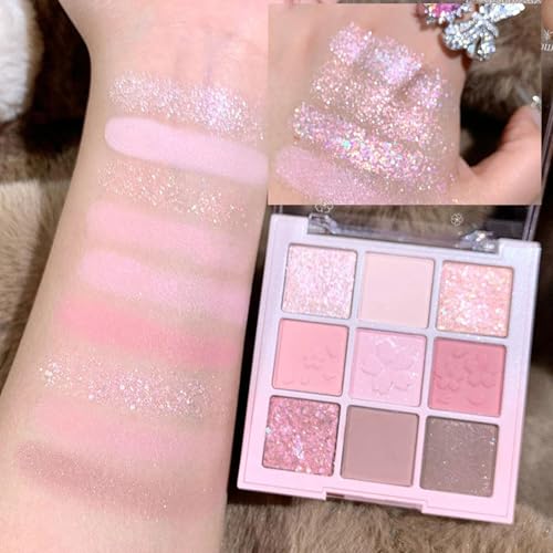 Pink Eyeshadow Palette 9 Colour Glitter Matte & Shimmer Pink Brown Eye Shadow Pallets For Women, Long Lasting Highly Pigmented Eyeshadow Make-Up Palettes Waterproof Blendable Glitter Eyeshadow - Image 6