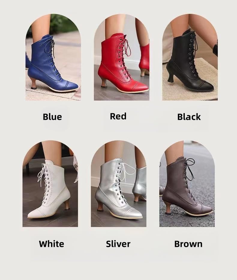 Ankle Boots for Women Retro Mid Calf Victorian Boots Pointed Toe Black Short Booties Low Kitten Heel Vintage Lace Up Witch Knight Boot Winter Fashion Office Dance Costume Dress Shoes