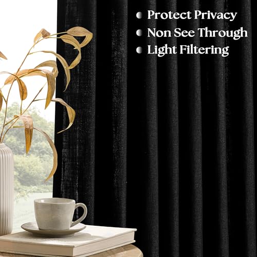 Image of Black Linen Semi Sheer Curtains 96 Inches Long for Living Room Pleated | Bedroom, Light Filtering, Textured, Burlap, Pinch Pleated, Hooks Rings, Back Tab, for Sliding Glass Door, 1 Panel, 96 Length