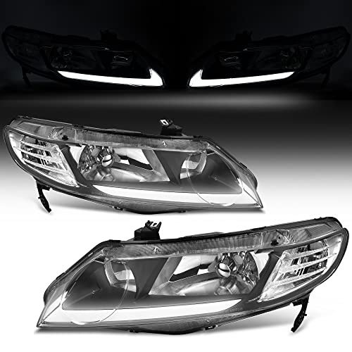 Image of oEdRo LED DRL Headlight Assemblies Compatible with 06 07 08 09 10 11 Civic 4 Door Sedan Headlamps Black Housing Clear Reflector - Pair Set