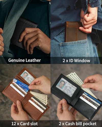 Mens Wallet Bifold Genuine Leather RFID Blocking Wallet for Men with 2 ID Windows 12 Card Holders 2 cash pockets 1 Gift Box3