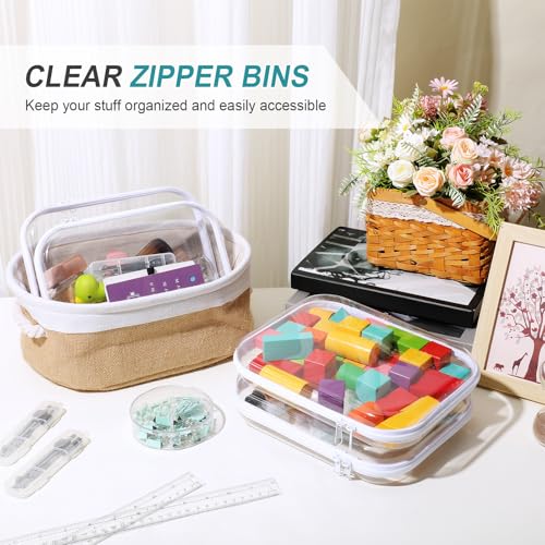 Image of Hoolerry 4 Pcs Hard Clear Zipper Case Makeup Bags Plastic Zipper Pouch Transparent Storage Box Containers for Cosmetics, Snacks, Building Blocks, Puzzles(Clear,9.8 x 7.9 x 2 in,White)