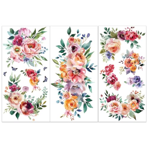 OLYCRAFT Juego de 3 pegatinas de flores de acuarela para muebles y manualidades, 15 x 30 cm, calcomanías de transferencia florales para muebles de madera, álbumes de recortes, decoración del hogar
