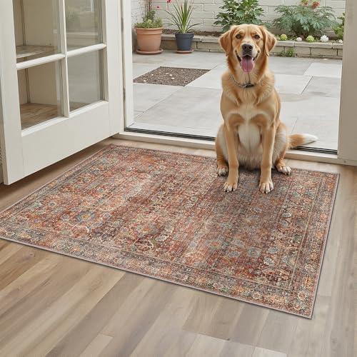 2x3 Entrance Rug Machine Washable Rug Small Door Mat,Ultra-Thin Low Pile Pad,Lightweight Indoor Carpet,Non Slip Floral Area Rug for Entryway,Bedside,Kids Room,Laundry,Bathroom,Terracotta/Indigo