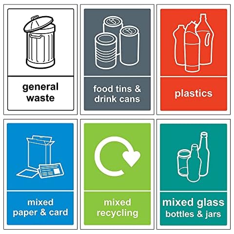 6 Self Adhesive Multi Recycling Bin Stickers, WaterProof Labels for Waste Bins, Food, Plastics, Mixed paper and Card, Mixed Glass and General Waste 6 Decals, 150 x 100mm Cover
