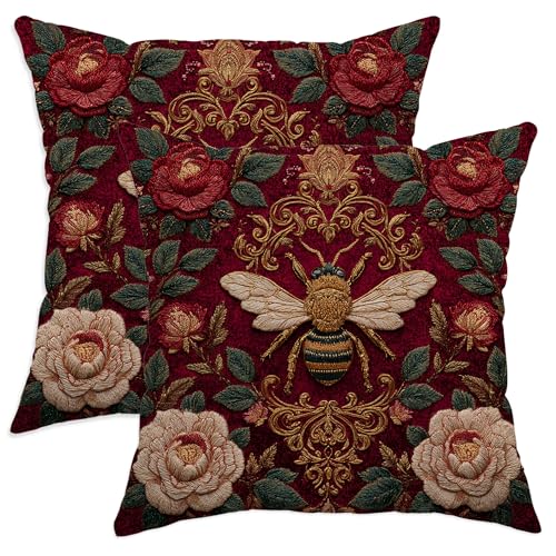 Bee Embroidered Throw Pillow Covers Set of 2, Burgundy Floral Decorative Cushion Cases, Vintage Farmhouse Decor for Home Sofa Bed Couch 18x18 Inch