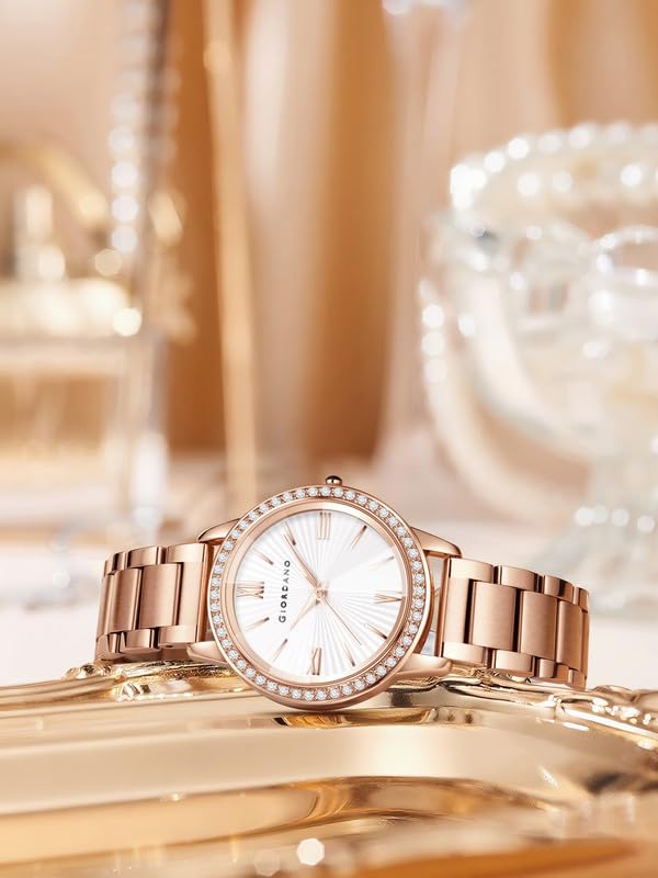 Image of Giordano Analog Watch for Women with Sunray Round Dial, Crystal Studded Bezel, Roman Numerals Markers, Quartz Movement and Rose Gold Stainless Steel Strap - GZ-60118