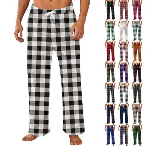 Mens Flannel Pants Open Bottom Fuzzy Buffalo Plaid Pj Pants Fleece Pajama Bottoms Lounge Sleep Pant with Pockets