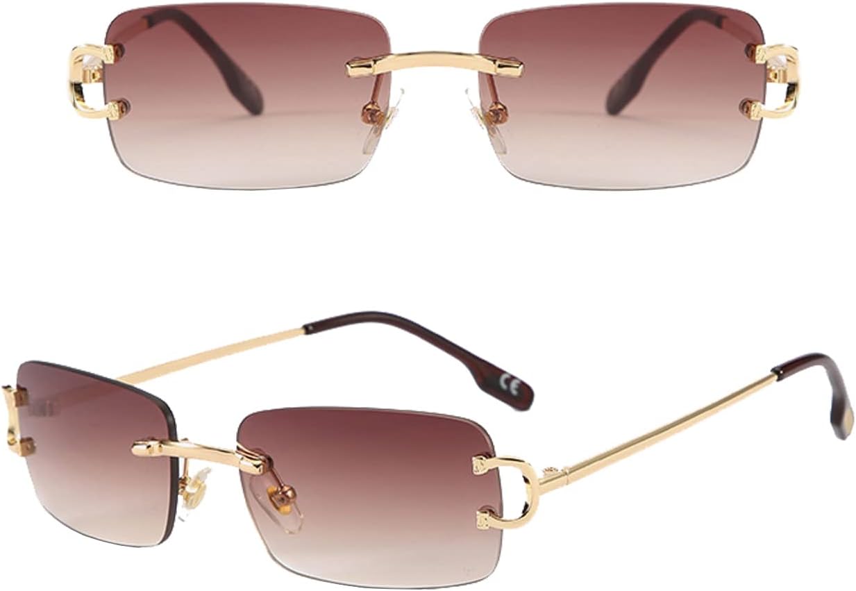 Small Narrow Rimless Sunglasses Fashion Frameless Rectangle 90s Tinted Glasses Shades for Women Men