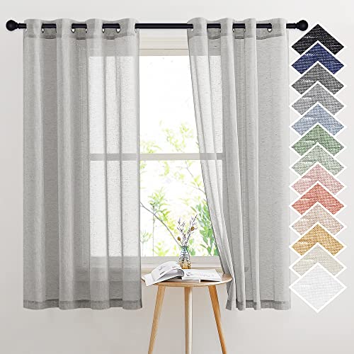 NICETOWN Linen Textured Semi Sheer Curtains 63 inches Length, Eyelet Top Bedroom Window Privacy Translucent Light Filtering Flax Sheer Drapes for Bedroom, 52 inches Wide, 2 PCs, Grey