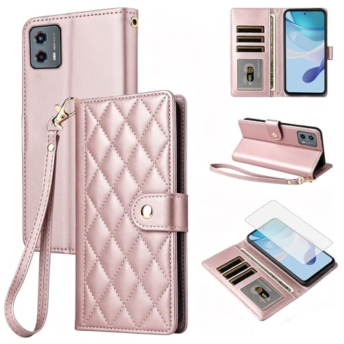Furiet Wallet Case for Motorola Moto G 5G 2023 with Tempered Glass Screen Protector PU Leather Wrist Strap Stand Card Holder Protective Cell Accessories Phone Cover for G5G 5 G G5 Women Men Rose Gold by Furiet - Used condition - US$13.67