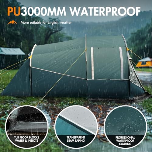 Portal 2-3 Man Tent Luxury 3000mm Waterproof with Porch Awning 3 Person Camping Tent with Sewn-in Groundsheet 2 Man with Bedroom Lightweight Tunnel for Festival Outdoor Hiking - Image 5