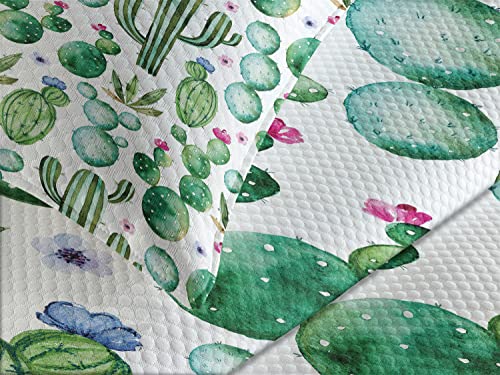 Ambesonne Green Bedspread, Mexican Texas Cactus Plants Spikes Cartoon Like Print, Decorative Quilted 3 Piece Coverlet Set With 2 Pillow Shams, King Size, White Pink #TOP22