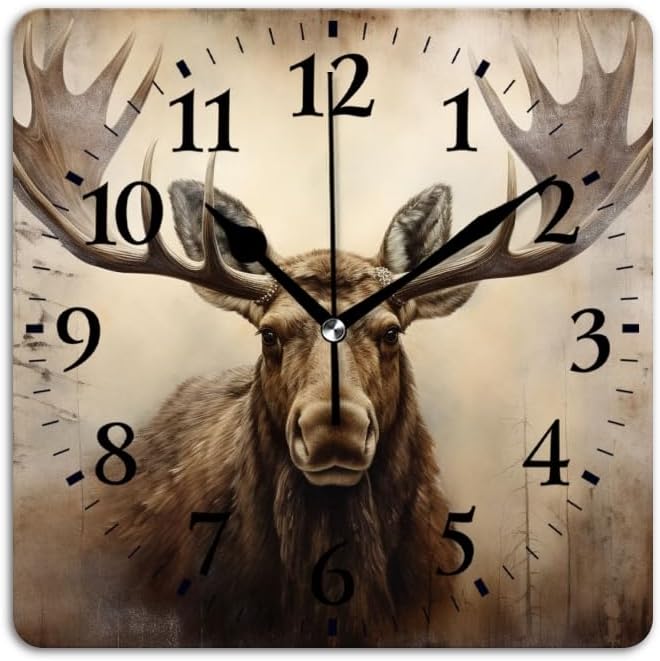 Modern Wall Clocks Decorative Non-Ticking Silent Quartz Movement Battery Operated Analog Clocks Decorative for Home-Majestic Moose with Large Antlers Stands in Front of Forest(12inch)