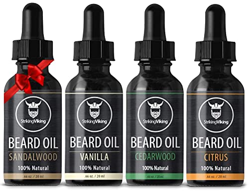 Striking Viking Beard Oil 4 Pack - Softening and Conditioning Beard Oil for Men - Fragrances of Citrus, Vanilla, Sandalwood a