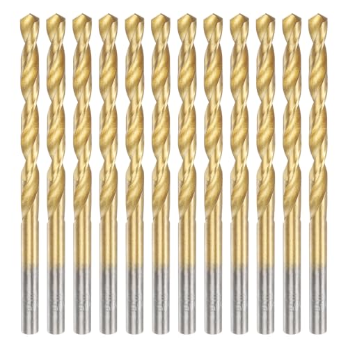 uxcell 12pcs Titanium Twist Drill Bit 3/16" Drilling Dia High Speed Steel Drills for Hardened Metal, Stainless Steel, Cast Iron, Wood, Plastic