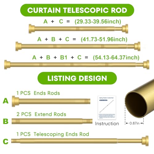 Image of Tension Curtain Rod 30-64 Inch Curtain Rods No Drilling Gold Tension Spring Rod Adjustable Curtain Rod Expandable Shower Pressure Tension for Windows Closet Doorway