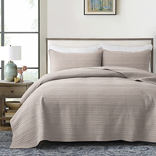 Moonline Quilt Set King Size Beige 3 Piece,Lightweight Soft Microfibre Modern Stripe Pattern Reversible Quilted Bedspread&Coverlet Set For All Season (Includes 1 Quilt And 2 Pillow Shams) #TOP2