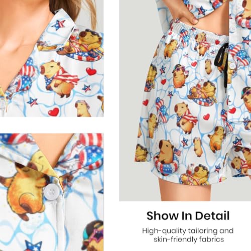 Image of Funny Pajamas for Women Set Print Satin Loungewear Pjs Short Sleeve Button Down Top and Shorts Sets Sleepwear XS-3XL