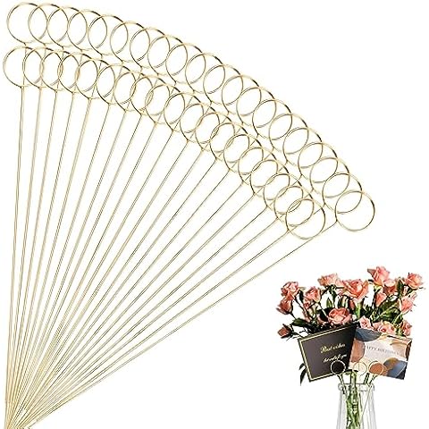 Yimerlen 60 Pcs Metal Wire Floral Picks 13 Inch Wire Place Card Holder, Metal Table Name Number Clips Picture Stand, Round Photo Memo Flower Card Holder for Wedding Party Birthday ​Cake (Gold Round) ​ Cover