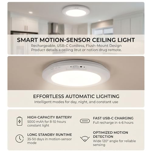 Luz de techo con sensor de movimiento PUSOKEI recargable 5000mAh contra zonas oscuras 4