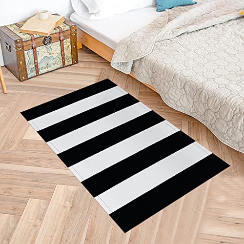 Elloevn Tapis à rayures noir et blanc, lavable, tapis moderne, extérieur, tapis shaggy pour salon, cuisine, chambre d'enfant, 60 x 90 cm