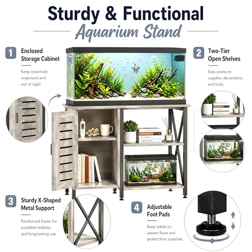 Image of Herture 40-50 Gallon Fish Tank Stand, Aquarium Stand with Cabinet Accessories Storage, Heavy Duty Metal Frame, 40.55 inch L*18.89 inch W Tabletop, 1000LBS Capacity, Greige PG02YGZ