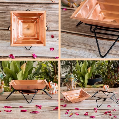 Image of Indian Art Villa Pure Copper Hawan Kund with Stand & Side Handles, Traditional Yagya, Hawan & Poojan Kund for Home Mandir, Festivals & Religious Ceremonies, 2.3 x 8.1 Inches