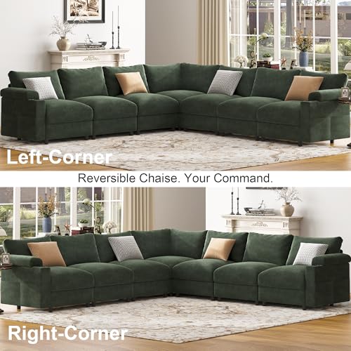 Image of Sectional Couches for Living Room FSC Certified Chenille Modular Couch Oversized Cloud U Shaped Convertible Sleeper Sofa Chaise Detachable Armrest Cushion (Chenille Green, Corner V Shape 7 Seat)