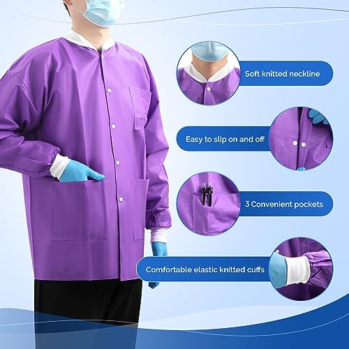 Image of JMU 10-100 Pack Disposable Lab Coats, SMS Disposable Medical Jackets | Disposable Lab Coats for Men and Women, Knit Cuffs Collar, 3 Pockets