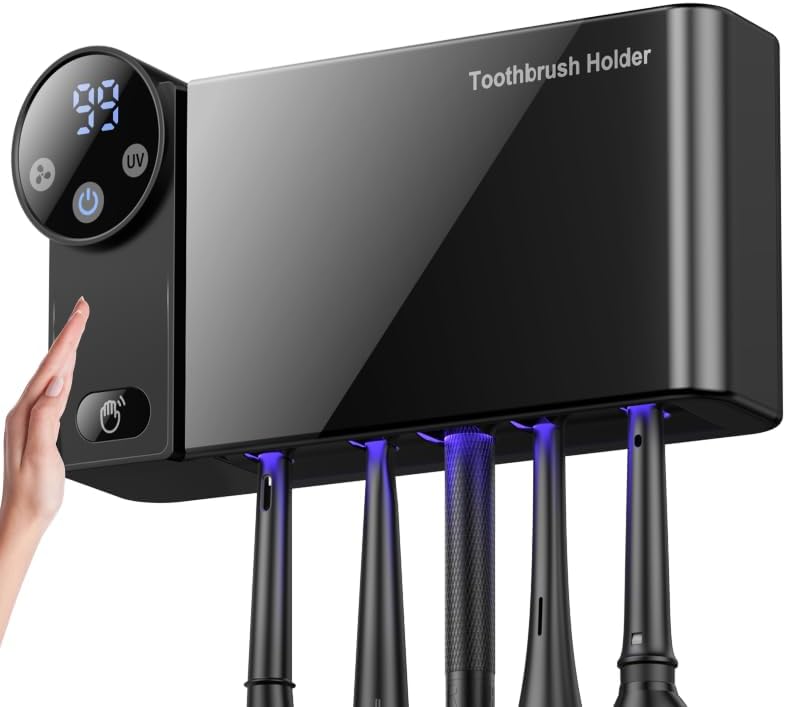 Toothbrush Holder, 4-Brush and 1-Shaver Storage Organizer with Air Drying, Smart Automatic & Adhesive Wall Mount, Bathroom Space Saver, Snow