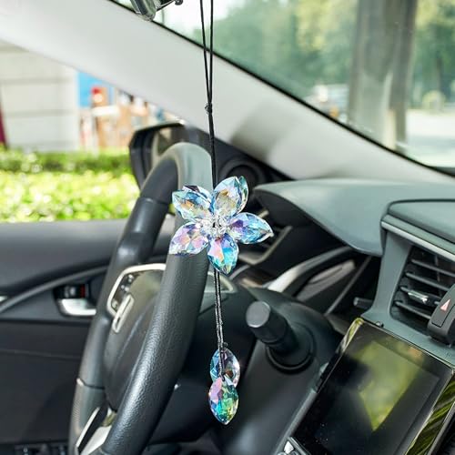 Image of Crystal Flower Car Rear View Mirror Hanging Ornament - Sparkles with Rainbows for a Sense of Luck and Happiness Car Interior Accessories (Colorful)