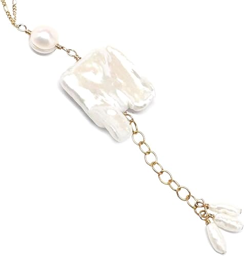 Miniatura 2 de Large White Notched Rectangle Cultured Freshwater Pearl Chain Necklace Gold-filled