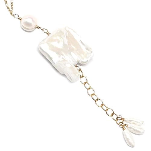 Large White Notched Rectangle Cultured Freshwater Pearl Chain Necklace Sterling Silver Gold-filled