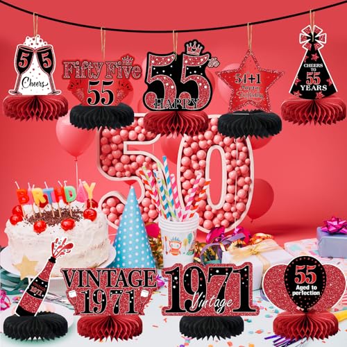 Image of 9Pcs 55th Birthday Decorations Red and Black 55th Birthday Party Decorations for Women,Happy 55 Years Vintage 1971 Aged Honeycomb Centerpieces Table Sign Decor Supplies
