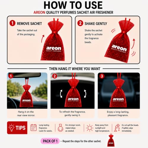Image of AREON Pearls Strawberry Car Air Freshener - Hanging Odor Eliminator for Car Home Office - Long Lasting Quality Perfume Fragrance Beads - Fresh Fruity Strawberry Scent Air Freshener (Pack of 3)