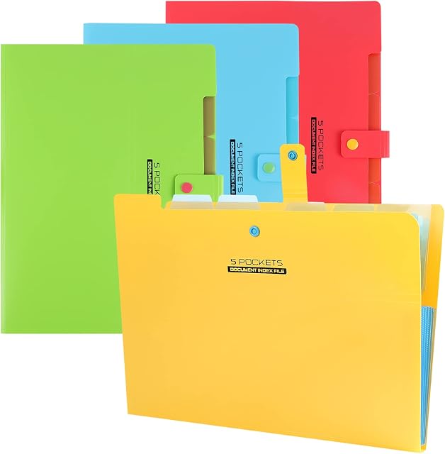A4 Expanding File Organizer 5 Pocket (4 Pack) A4 Plastic Accordian File Organizer with 5 Pocket, A4 Snap Button Closure Expanding Document Filing File Wallets for School Office Home