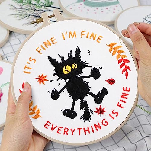 Image of Louise Maelys Everything is Fine Embroidery Kit for Beginners Cat DIY | Cross Stitch Kits Include Pre-Printed Fabric, Embroidery Hoop, Threads, Needles and Guide. Needlepoint Kit for Adults