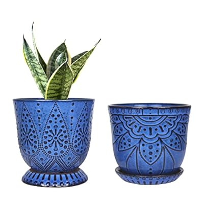 Gepege 6 Inch Beaded Ceramic Planter Set of 2 with Drainage Hole and Saucer for Plants, Indoor-Outdoor Large Round Succulent Orchid Flower Pot (Blue, for Inner-pots not Larger Than 5 Inch)