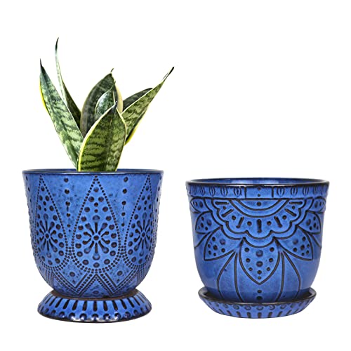 Gepege 6 Inch Beaded Ceramic Planter Set of 2 with Drainage Hole and Saucer for Plants Indoor-Outdoor Large Round Succulent Orchid Flower Pot (Blue for Inner-pots not Larger Than 5 Inch)