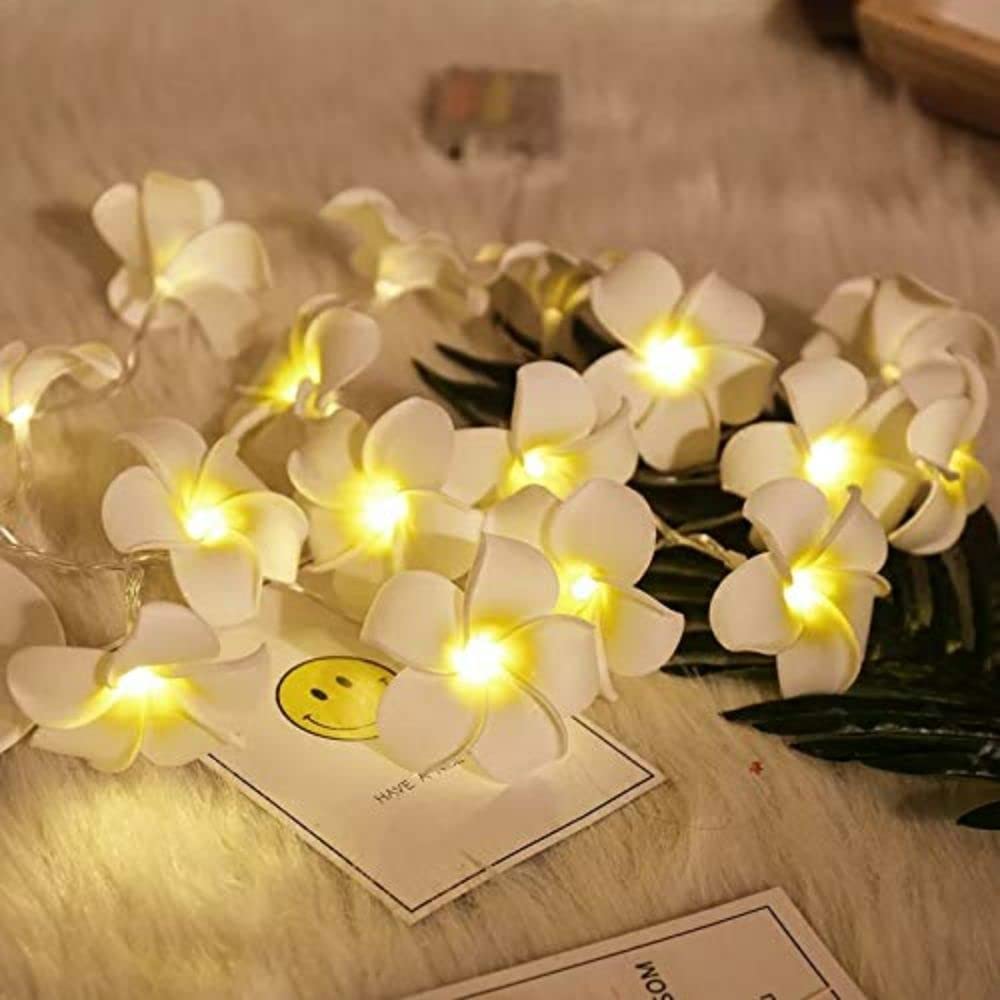 MoonlitDreams 10 Led Battery Operated Plumeria Flower String Lights,Hawaiian Foam Artificial Flower,3 Meters Fairy Starry Light For Diwali Decoration Christmas Tree,Wall Hanging,Mandir Decor,White